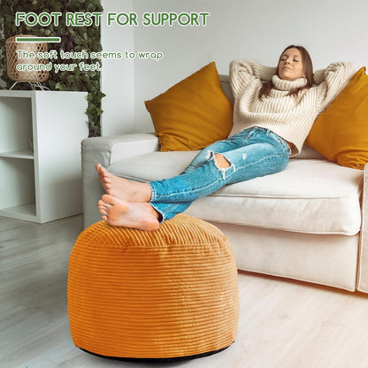 HIGOGOGO Round Stuffed Pouf Ottoman, Corduroy Poufs with Foam Chunk Filling, Furry and Fluffy Pouf Foot Stool Storage Ottoman, 26 X 18 Floor Poufs Foot Rest for Living Room, Orange