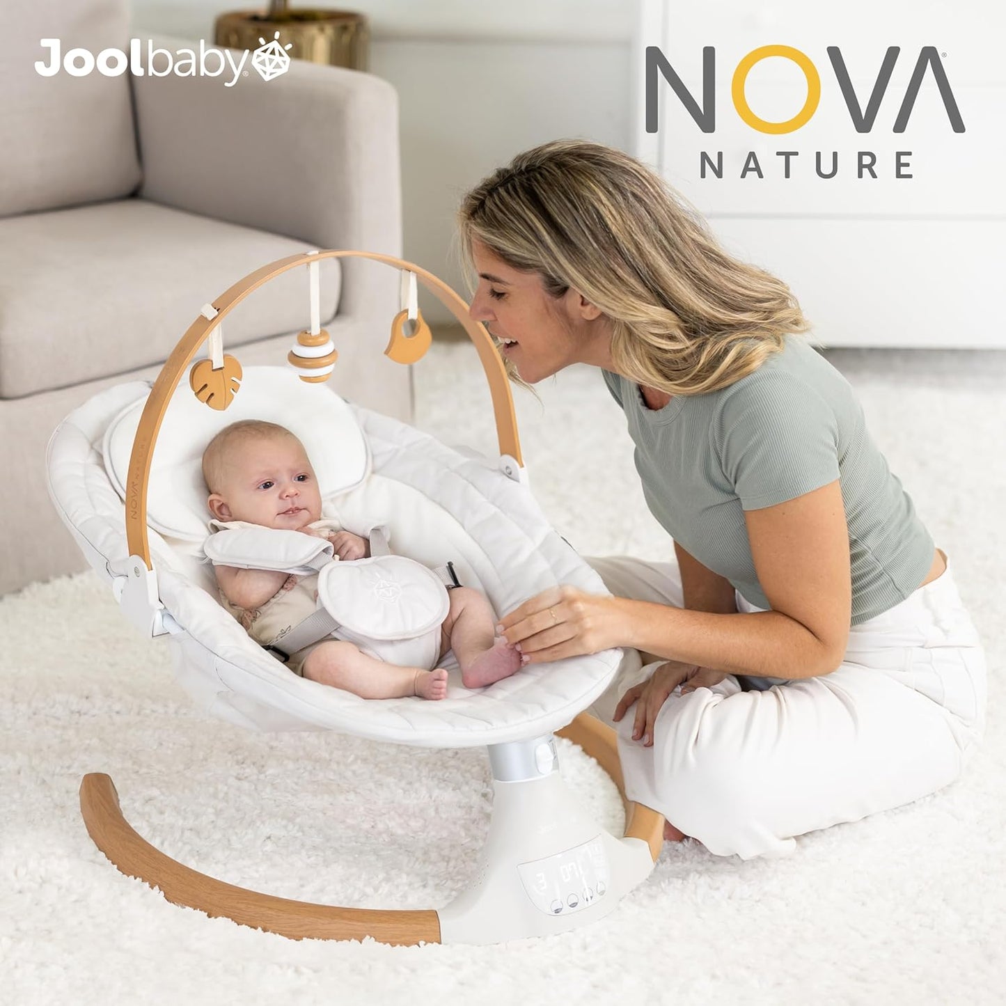 Jool Baby Nova Swing for Newborns - Electric Motorized Infant Swing, Bluetooth Music, 10 Preset Melodies, Remote (2025 Model) (Wood/Oatmeal)