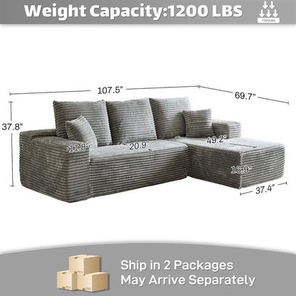 HYJT-H&K Modular Sectional Sofa Cloud Secttional Couch, 107" Comfy L Shaped Couches for Living Room, Deep Seat Memory Foam Fluffy Plush Corduroy Boneless Couch Sectionals Right Facing Sofa Chaise Grey