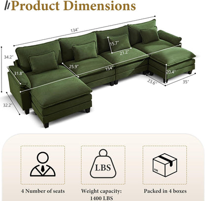 URRED Modular Sectional Sofa Comfy Cloud Couch, Modern Corduroy Sofa Sleeper Deep Seat Couches with Ottoman/Pillows for Living Room (Green, 154'' - U Shape)
