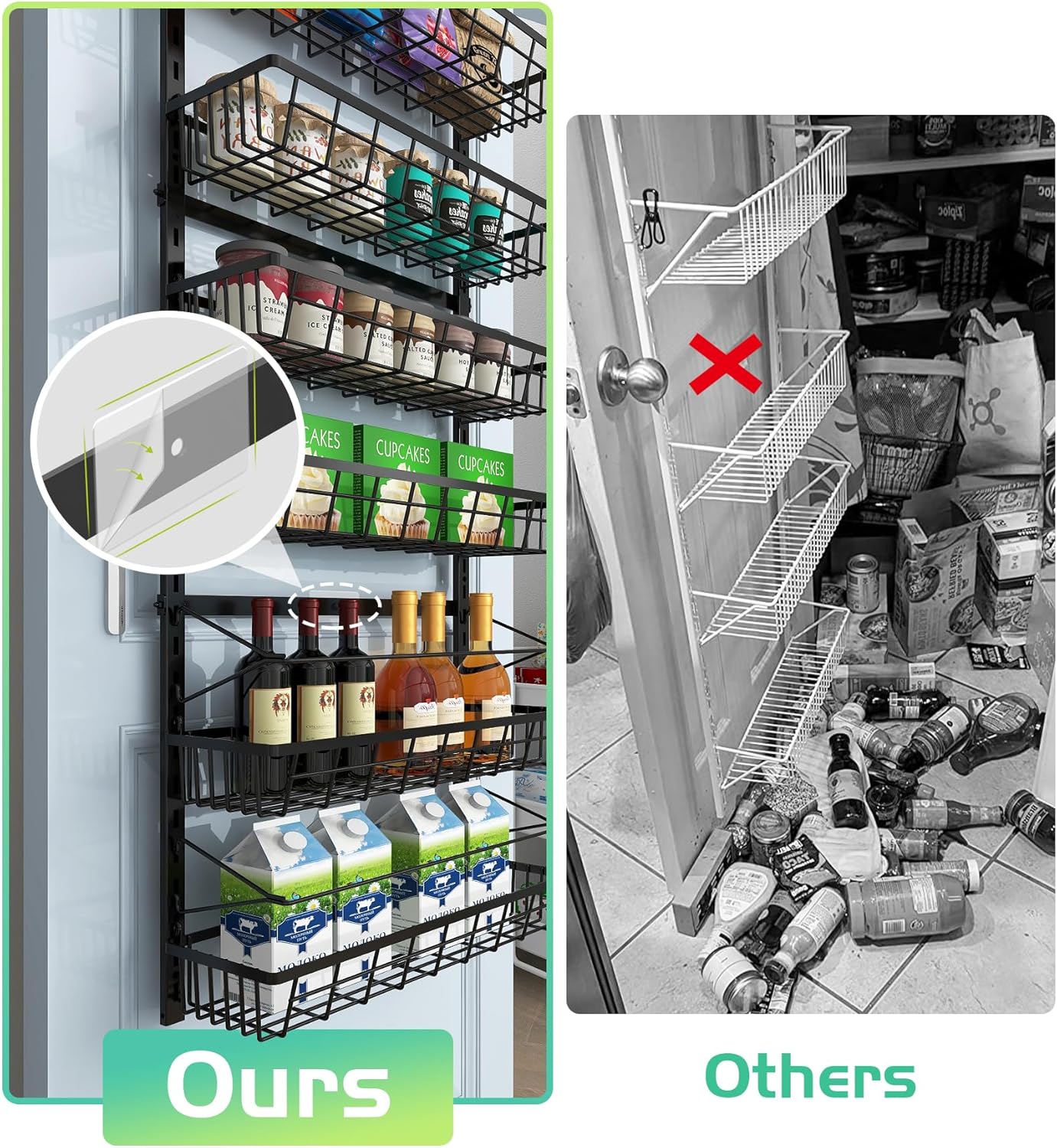 Over The Door Pantry Organizer, Wall Mount Spice Rack, Pantry Hanging Storage and Organization, 8 Adjustable Baskets Heavy-Duty Metal for Home & Kitchen, Back of Door Seasoning Rack - Black