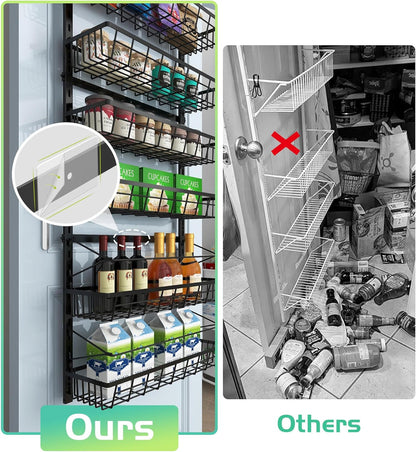 Over The Door Pantry Organizer, Pantry Storage and Organization, 6-Tier Adjustable Hanging Baskets, Metal Wall Mount Spice Rack Seasoning Shelves for Home & Kitchen, Laundry Bathroom - Black