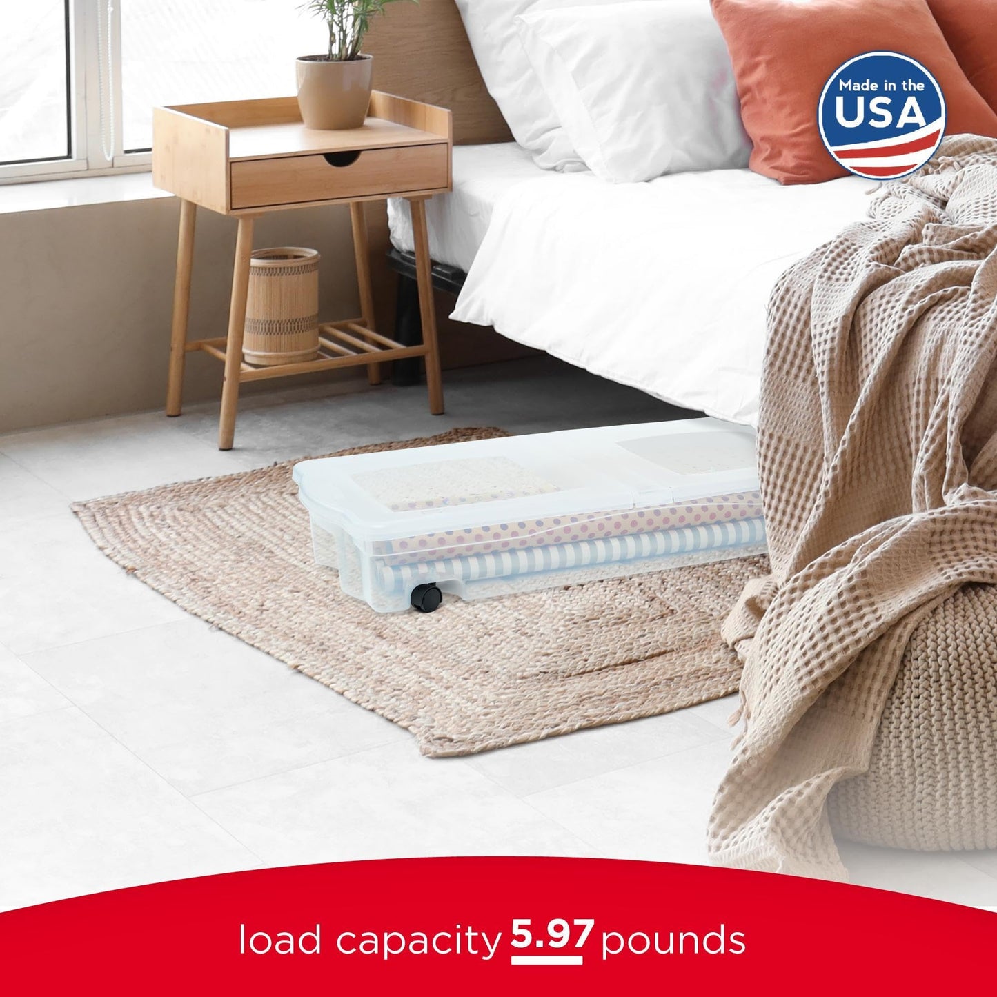 Rubbermaid 68 Quart Under the Bed Low Profile Storage Boxes with Dual Hinged Lids and Easy Rolling