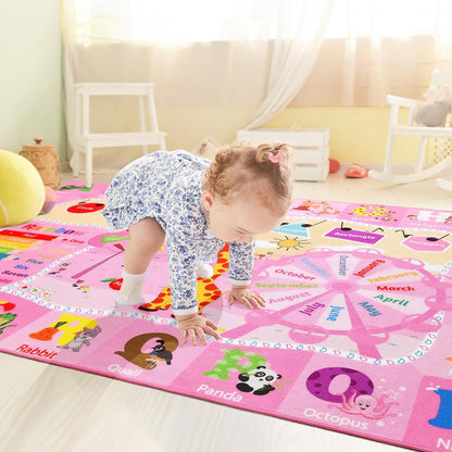 Kids Rugs for Playroom Bedroom Classroom Nursery, Non-Slip and Washable Rugs for Children Toddlers Girls, Educational and Fun Rug Carpets with ABC Alphabet Animals Shapes, 3x5, Pink