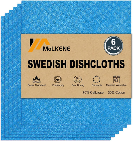 Swedish Dishcloths for Kitchen | 6 Pack Absorbent Cellulose Sponge Cloths Washable | Non-Scratch