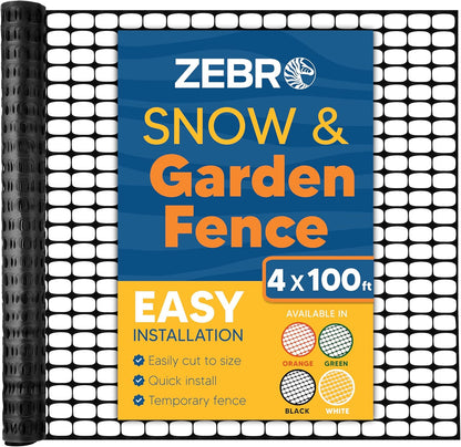 ZEBRO 4' x 100' Black Plastic Garden Fence Roll – Standard Duty Safety Netting for Snow, Poultry, Deer, Dogs – Reusable Outdoor Barrier for Yard, Landscaping, Animal Protection