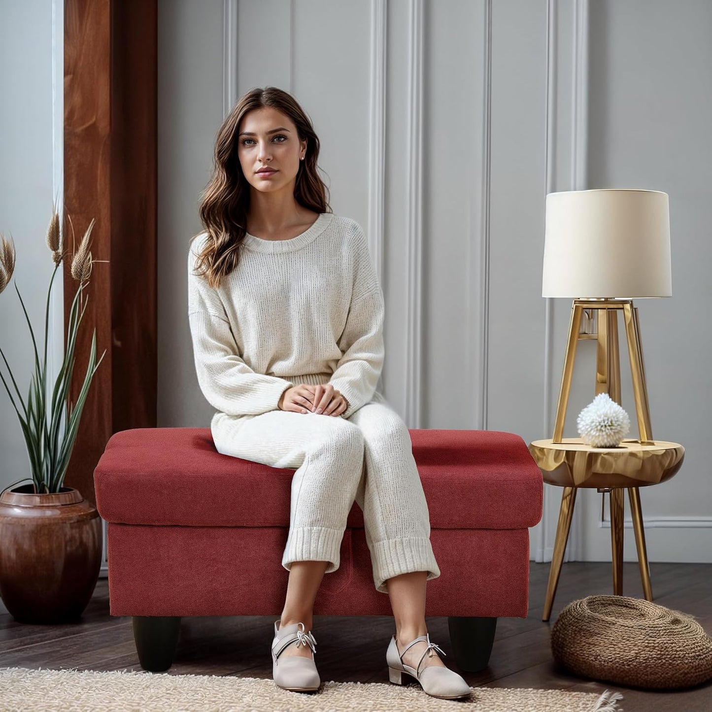 Ottoman Rectangular Storage Ottoman Bench, Flannel Footrest Stool Footstool with Lid for Living Room, Bedroom, Entryway, Red, 28.5"x19"x17.5"