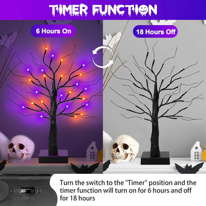 [Timer] 2 Pack 24 Inch Black Halloween Tree with Orange Purple Lights, USB/Battery Operated Light Up Halloween Table Decorations, Spooky Halloween Decorations Indoor Home Mantle Room Party Decor