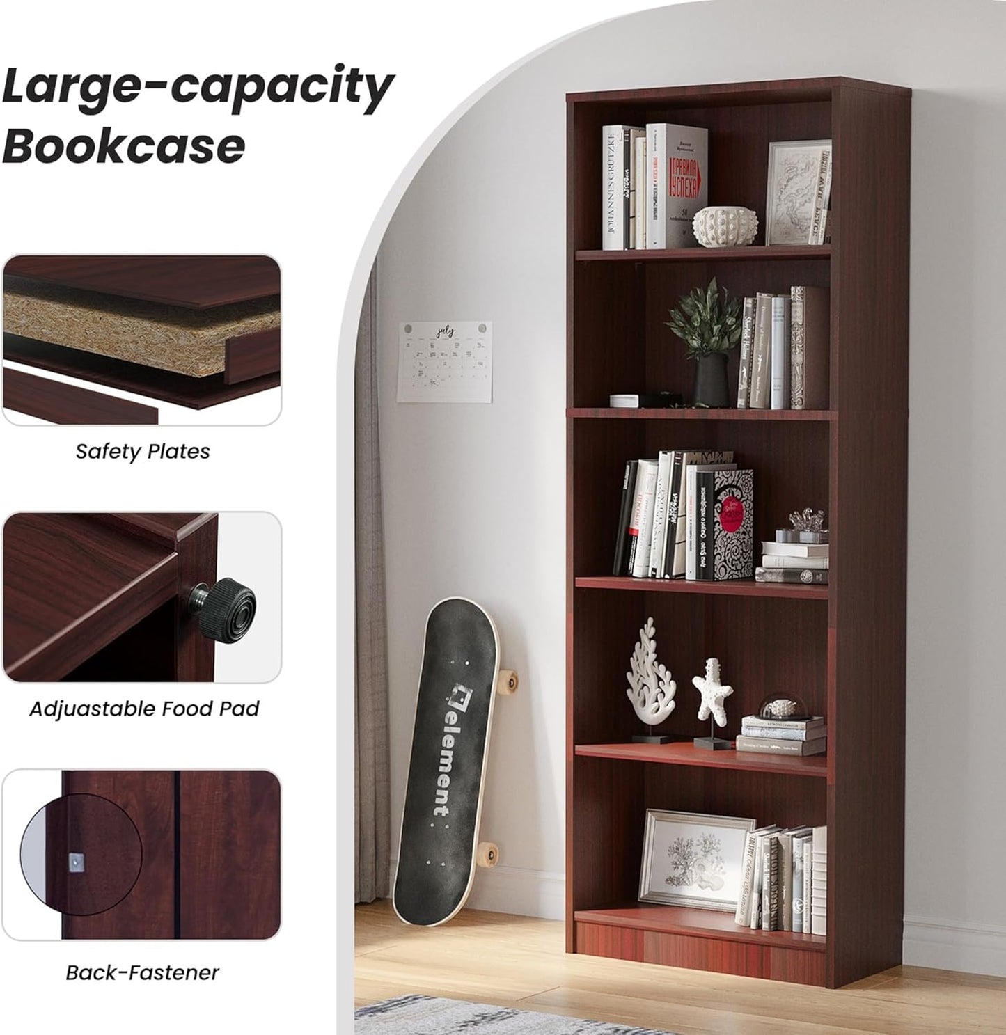 Bookshelf, Open Modern Bookshelf, 5 Shelf Bookcase with Freestanding Display Storage, Wooden Book Shelf for Bedroom, Living Room, Dinning Room, Office,Brown