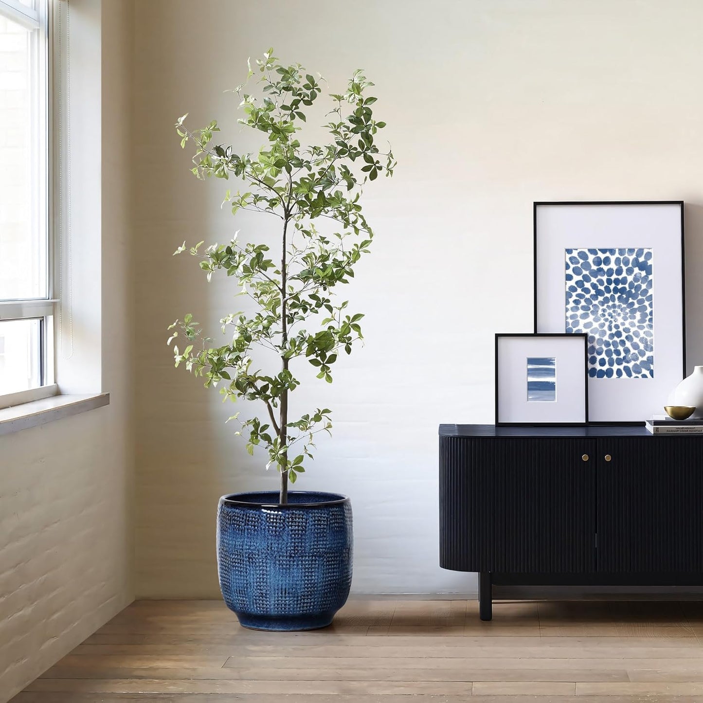 LuxenHome 12" Dia Large Ceramic Pots for Plants, Ocean Blue Glazed Planters for Outdoor Plants, Round Indoor Flower Pots with Drainage Hole and Rubber Plug for Home Garden Patio