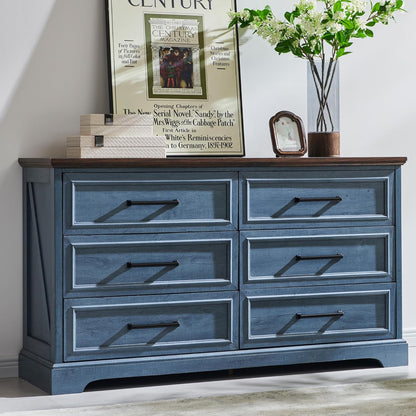 Farmhouse 6 Drawer Dresser for Bedroom, 52 Inch Wide Modern Dresser TV Stand with Large Drawers & Bar Handles, Rustic Wood Chest of Drawers for Bedroom, Living Room, Hallway, Blue