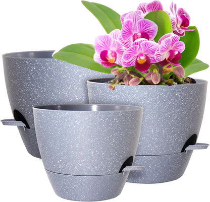 Big Self Watering Pots 12/10/9 inch, Planter, Plant Pots with Mesh Drainage Holes for Indoor Outdoor Garden Plants, Plastic Flower Pots with Removable Deep Reservoir, Speckled Grey