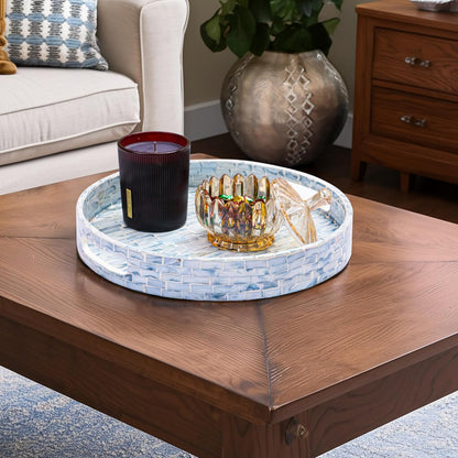 CLAYNIX Serving Tray 12.5 Inch, Wooden Lacquer Tray with Mother of Pearl Inlay, Elegant Tea & Breakfast Tray with Handles (Round)