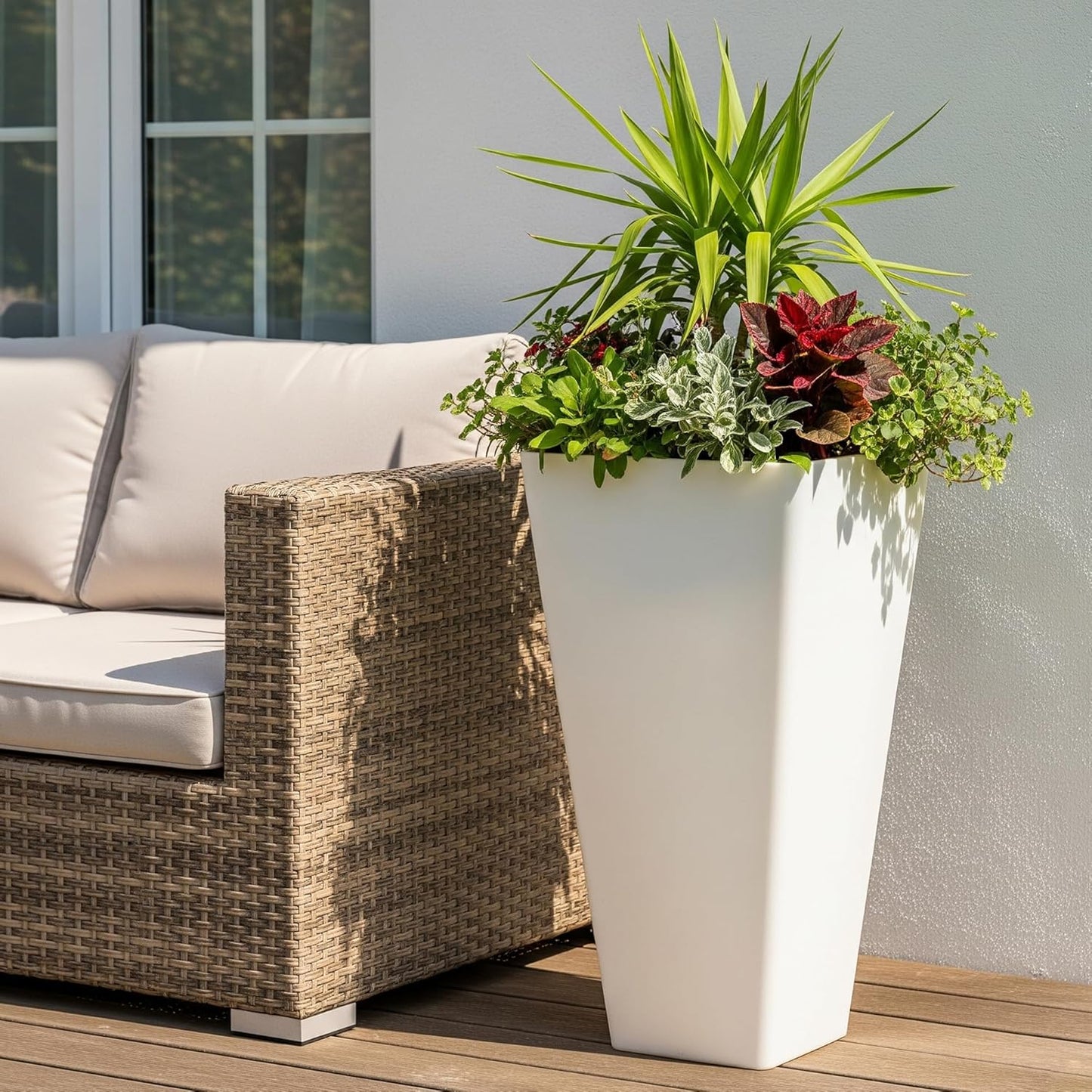 WORTH Garden Large 28 in.Tall Planters Set of 2 for Indoor and Outdoor, Heavy Duty Plastic White Modern Taper Flower Plant Pots with Drainage Hole and Dual-Purpose Tray for Front Porch, Patio