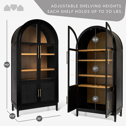 Milliard 74" Tall Arched Kitchen Pantry, Modern Storage Arched Cabinet with Adjustable Shelves and Glass Doors, Living Kitchen Dining Room Cupboard, China Hutch, Bookshelf