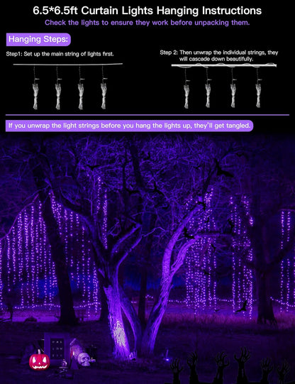 suddus Purple Curtain Lights for Halloween, 200 LED Hanging String Lights with USB Plug, Curtain String Lights Indoor for Bedroom Wall, Christmas, Party, Porch, Holiday Decorations, 6.5ft * 6.5ft