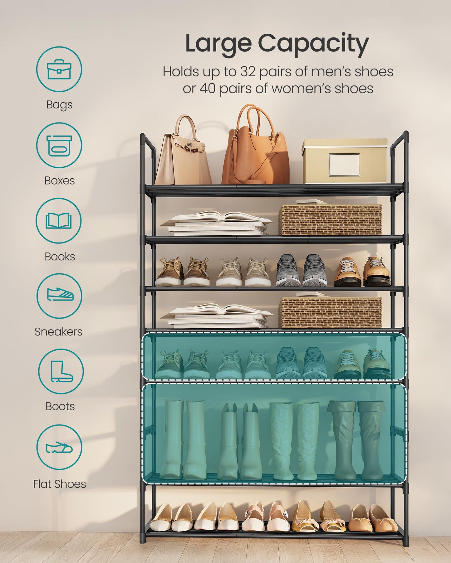 SONGMICS Shoe Rack, 8-Tier Shoe Organizer, Metal Storage Shelf, Upright or Upside Down, for 32-40