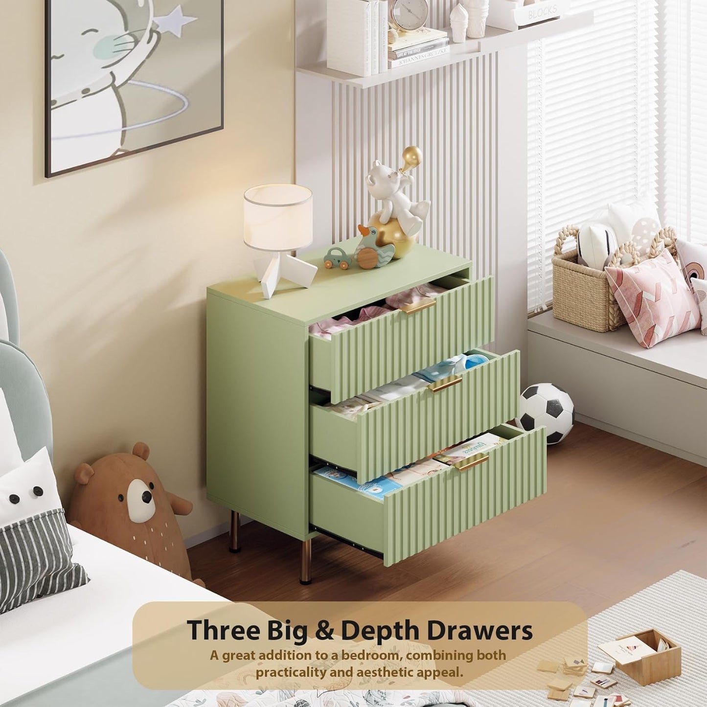 Green 3 Drawer Dresser for Bedroom, Fluted Modern Nightstand with Deep Drawers, Chest of Drawers with Wide Top, Wooden Dresser Organizer, Side Table for Living Room, Hallway, Kids Room