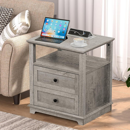 HIFYOBRO End Table with 2 Drawers and Charging Station, Type-C & USB Port & Power outlets, Wooden Storage Cabinet, Large Side Table with Storage for Living Room and Bedroom