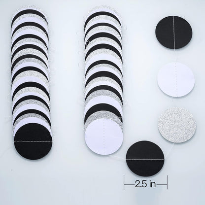 Black White Silver Glitter Paper Garland Circle Dot Streamer Banner for Graduation Bridal Shower Wedding Birthday Party Decorations, 2.5" in Diameter, 20 Feet in Total