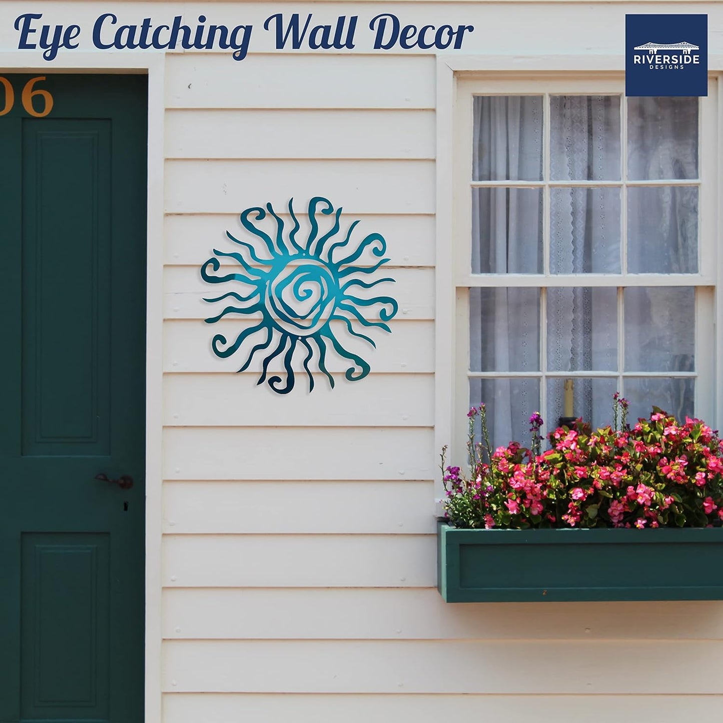 Riverside Designs Wacky Sun Metal Wall Art Indoor/Outdoor Decor - 12" Teal Rust Proof Wall Sculpture - Made in USA - Ideal for Bedroom, Garden, Home, Patio and Farmhouse