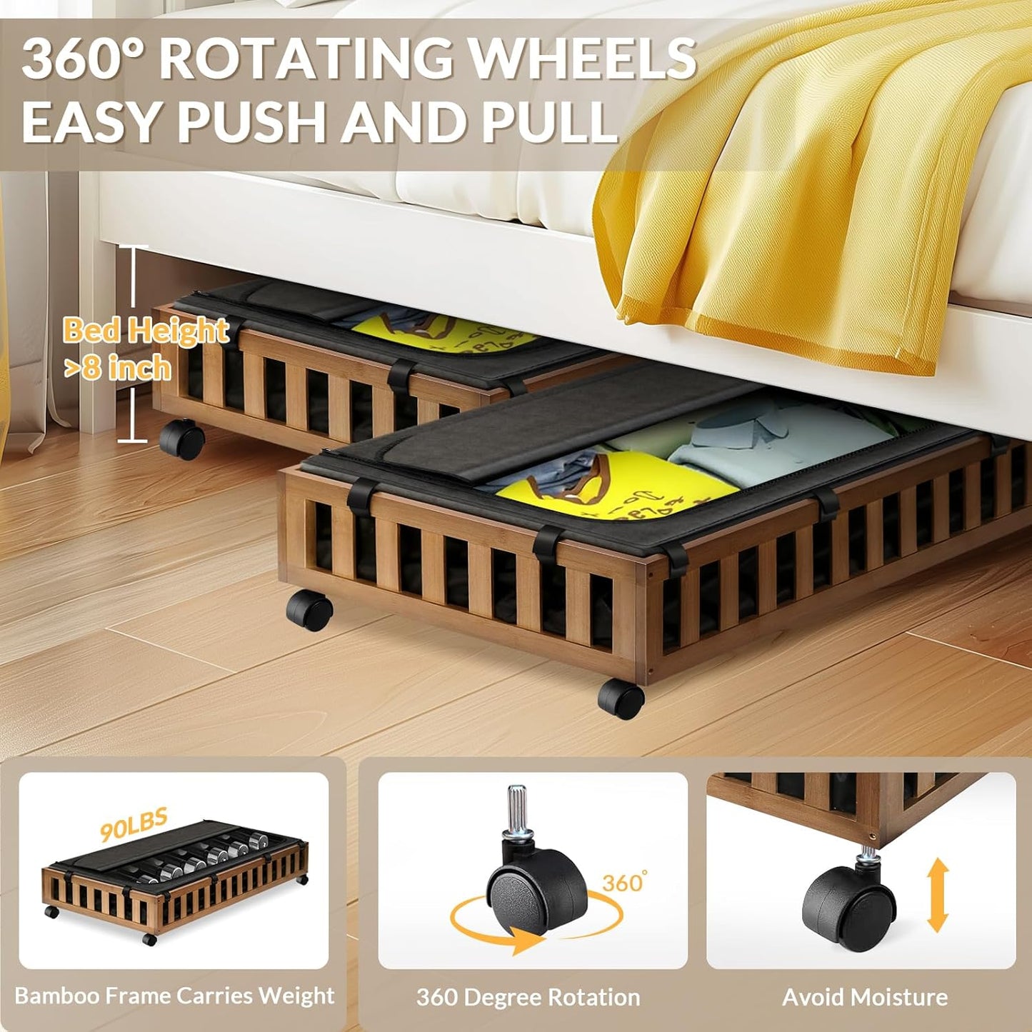 2 Pack Bamboo Under Bed Storage with Wheels, 39”x20”x7.8” Lager Under Bed Storage Containers (Brown)