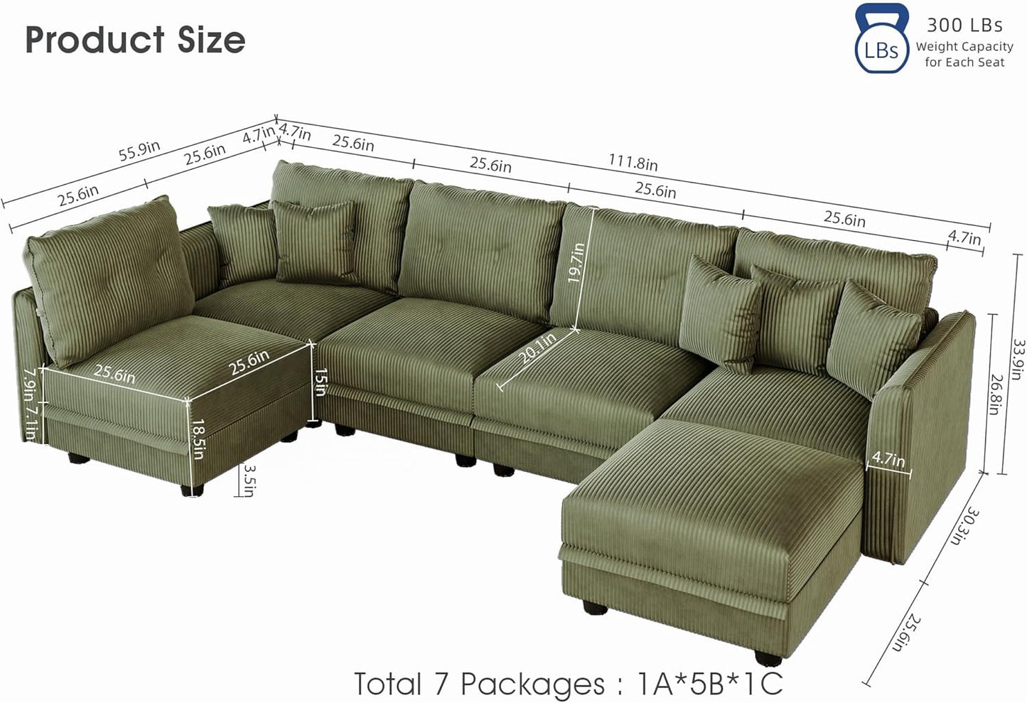 LLappuil Modular Sectional Sofa with Storage Seats, Corduroy Convertible Modular U Shaped Sectional Couch for Living Room, 6 Seat Oversized Sofa with 5 Back Cushion 5 Throw Pillow, Green
