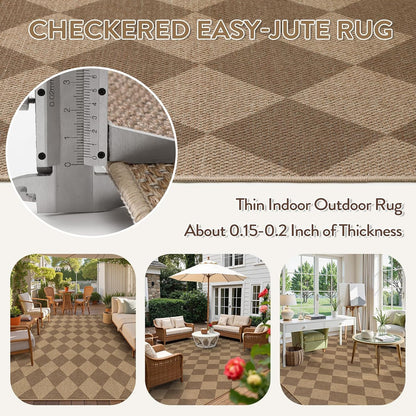Lahome Checkered Easy Jute Rug 8x10, Washable Rugs for Living Room Dining Room Farmhouse Indoor Outdoor Mat, Neutral Checkerboard Non Slip Black Carpet for Office Backyard Patio