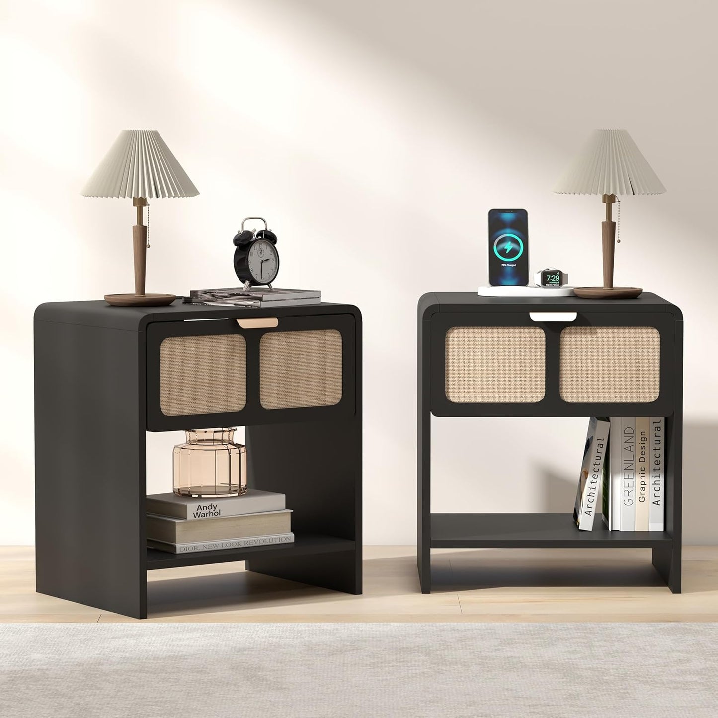 LEVNARY Nightstand Set of 2, Mid-Century Modern Bedside Table with Charging Station and Fabric-Like Textured Drawer, Wooden End Table for Farmhouse Bedroom Living Room (2, Black)