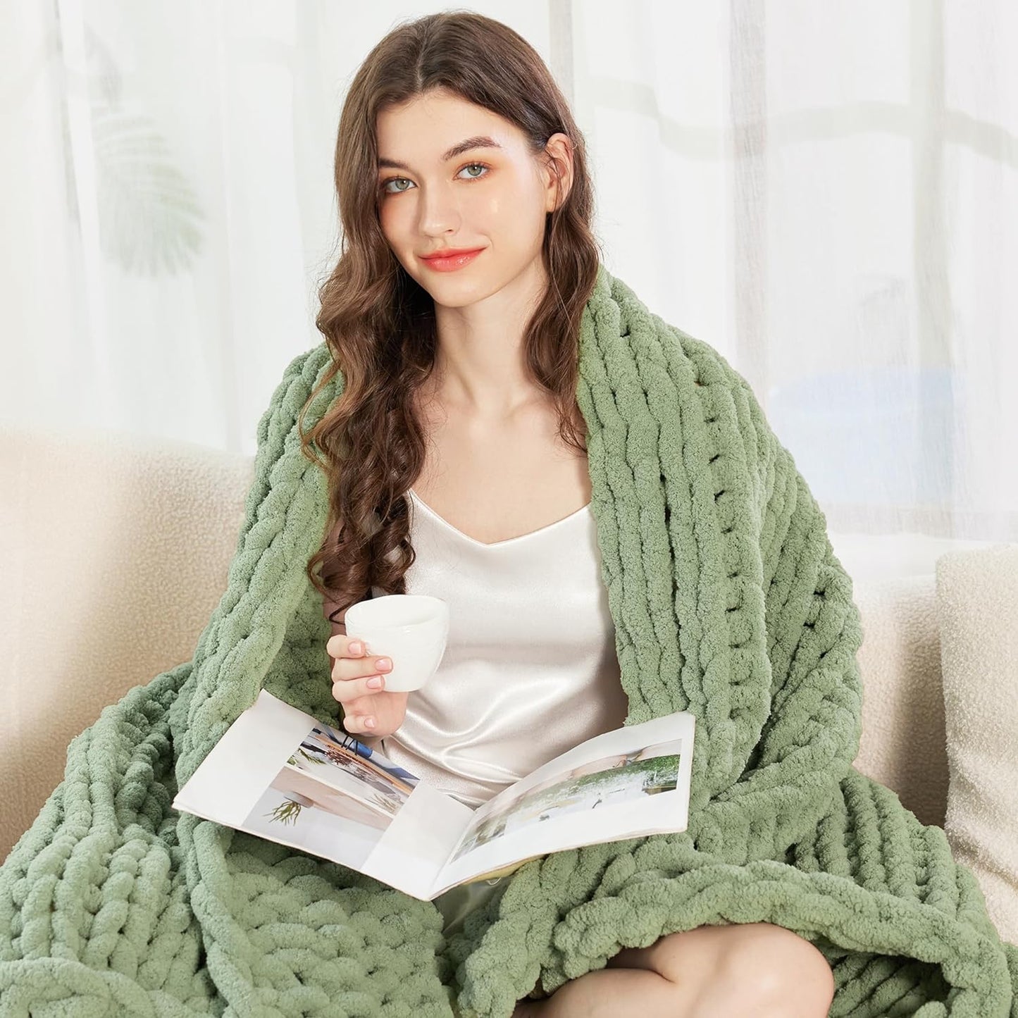 Admitrack Chunky Knit Blanket Throw, 100% Hand Knit Chenille Throw Blanket for Sofa & Home Decor, Soft and Cozy Knitted Throw Blankets (Sage Green, 60""x80""), XNR010