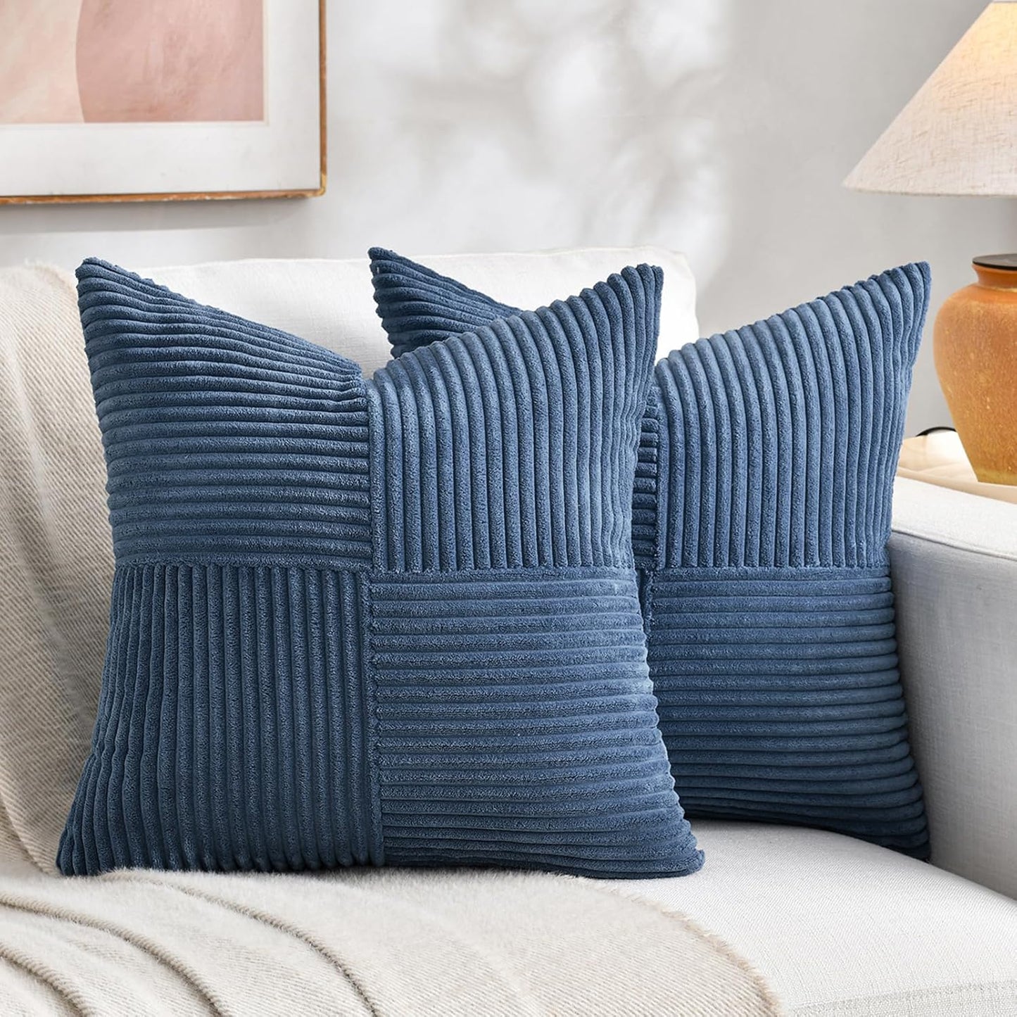 Fancy Homi 2 Packs Dusty Blue Samll Decorative Throw Pillow Covers 14x14 Inch with for Couch Bed Sofa, Rustic Farmhouse Boho Home Decor, Soft Corss Patchwork Corduroy Square Cushion Case 35x35 cm