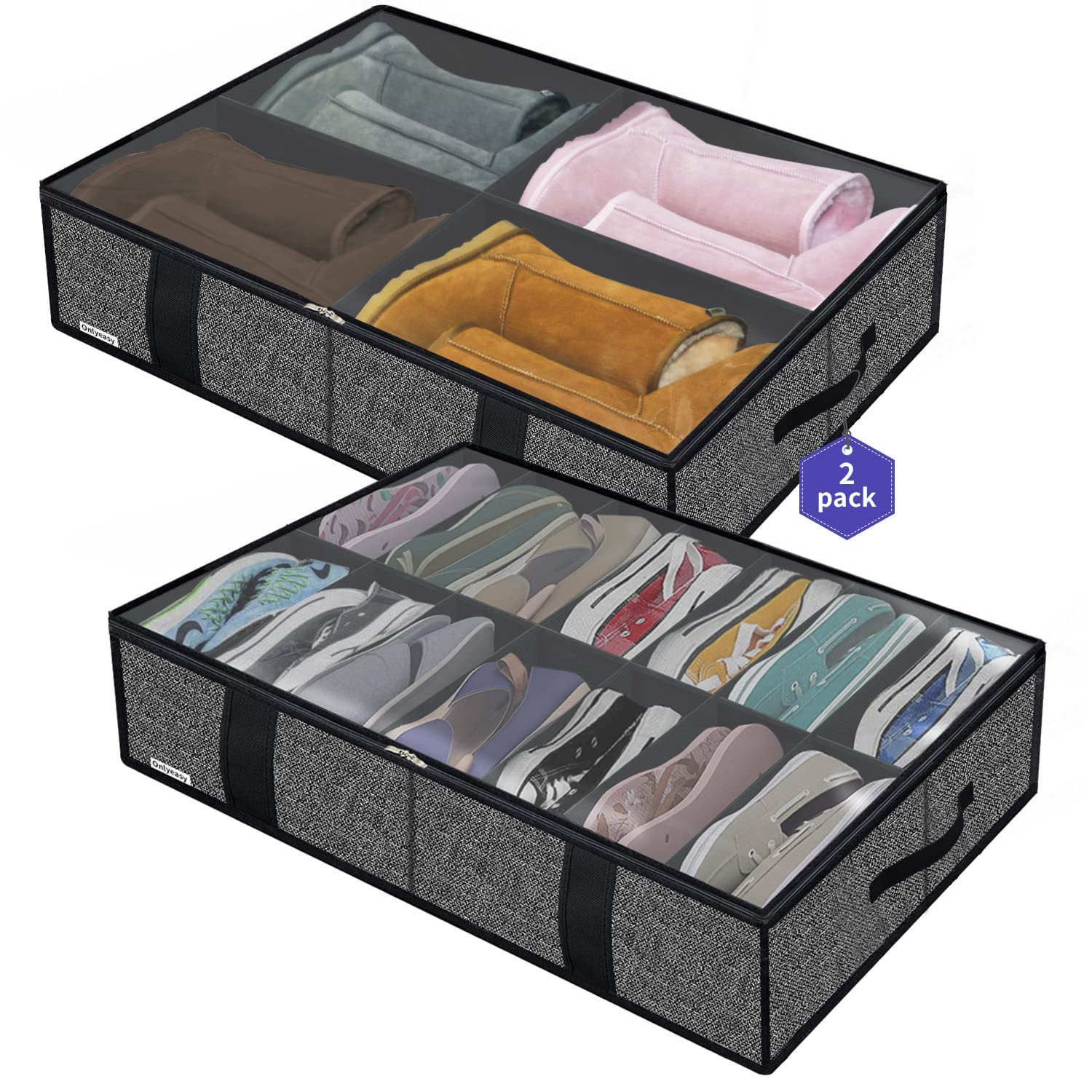 Onlyeasy 2 Pack Under Bed Shoes Storage Bag Organizer (14+4 Pairs), Collapsible Shoe Boot Container