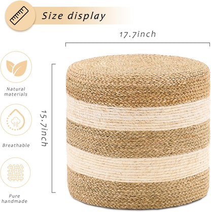 Handwoven Ottoman Pouf, Natural Seagrass Footstool, Round Braided Outdoor Seat with Sturdy Frame, Boho Accent Stool for Patio, Balcony, or Garden (Seagrass White)