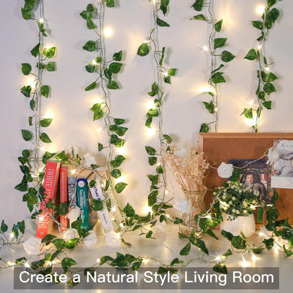 suddus Vine with Fairy Light Plug in, 33ft 100 LED Pothos String Lights Connectable with Remote, Leaf Lights for Bedroom, Room, Wall, Garden, Party, Wedding Decor (Warm White)