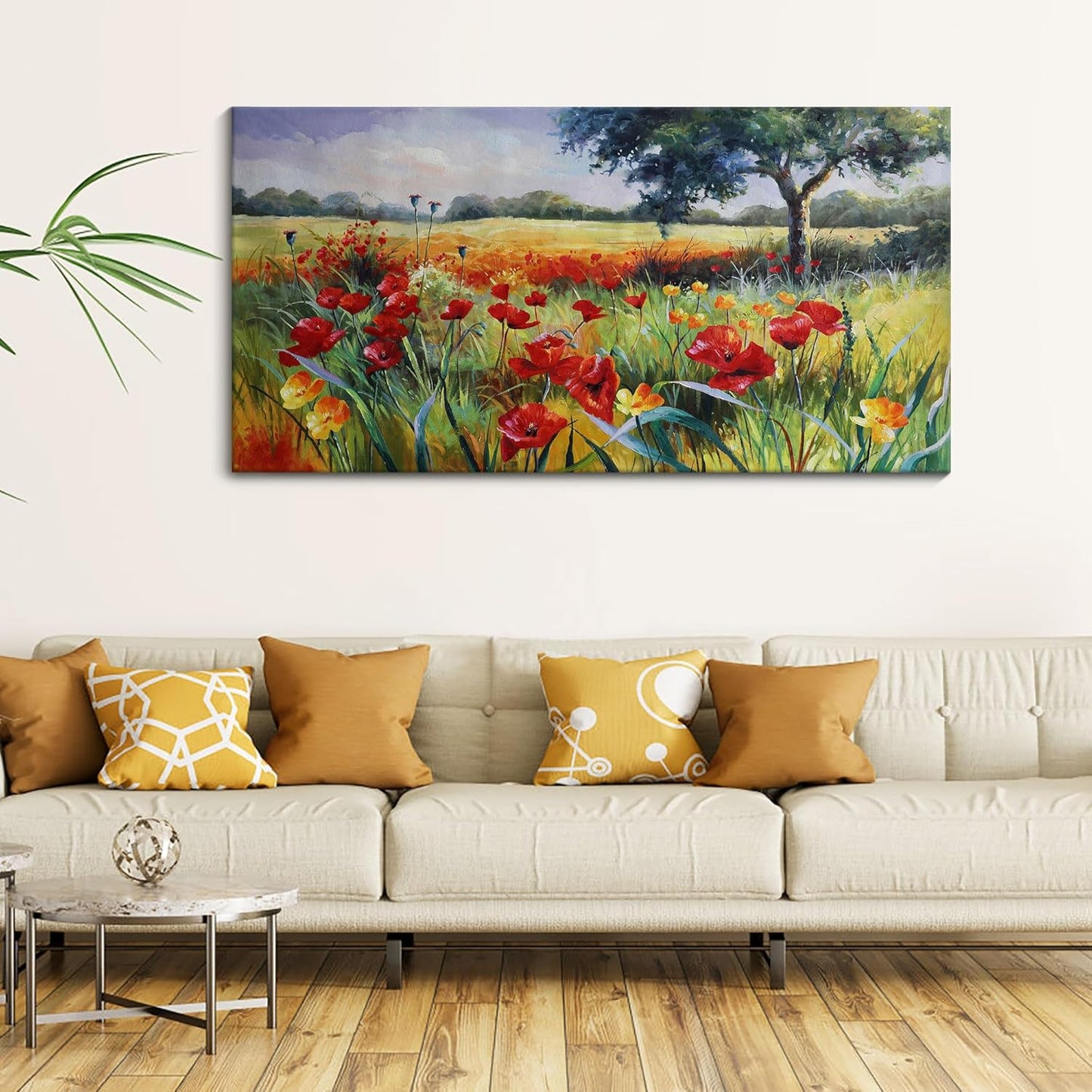 Wall Decor for Living Room Large Wall Art Green Trees Red Yellow Flowers Canvas Art Wall Decor for Bedroom Modern Home Decor Framed, Nature Prints Artwork Wall Decorations 24x48
