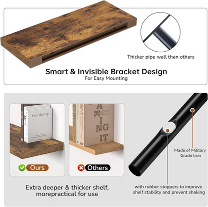 Floating Shelves - 2 Pack 9 Inch Rustic Wooden Wall Shelves - Extra Deeper & Thicker Wall Mounted Storage Shelf for Living Room, Kitchen, Farmhouse - 24" W x 9" D x 1.6" H - Rustic Brown