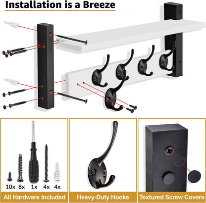 Sorbus Coat Hooks Wall Mount with Shelf – 24 Inch Coat Rack Wall Mount with 5 Heavy Duty Hooks – Floating Wall Shelf with Hooks for Entryway, Bathroom, Bedroom, Kitchen, or Mudroom (White)