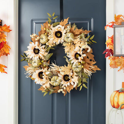 Glitzhome 24''D Artificial Fall Wreath for Front Door, Autumn Wreath with Sunflower, Pumpkin and Leaf, Metal Hanger for Farmhouse Indoor Outdoor Window Wall Door Decor