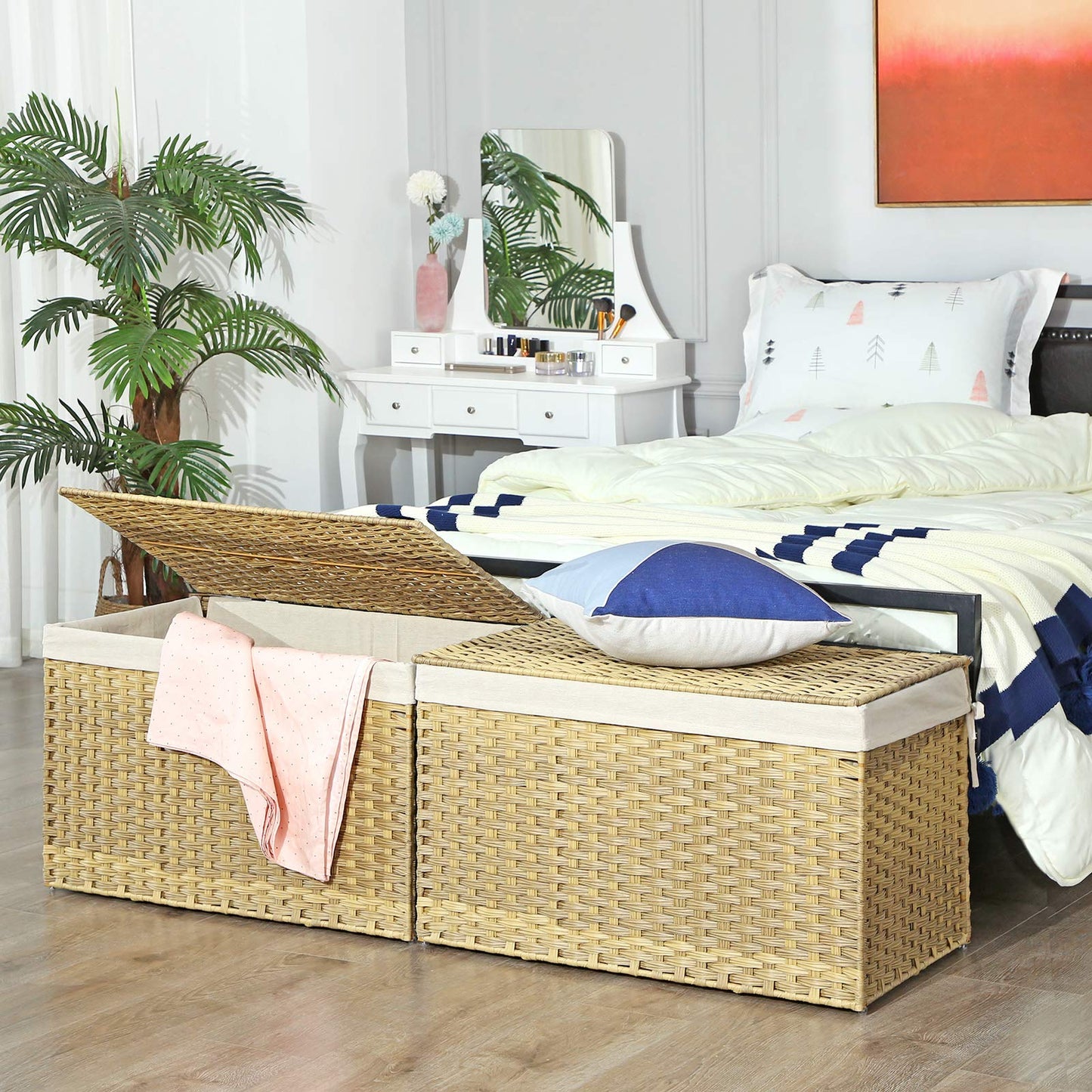 SONGMICS Storage Basket with Lid, Woven Blanket Storage Bin with Handles, Foldable, Removable