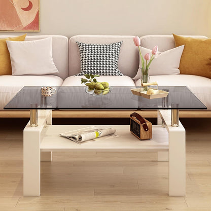 Glass Coffee Table Rectangle Living Room Center Table, with Gray Tempered Glass Tabletop and White MDF Layer,for Living Room and Office, Gray+White