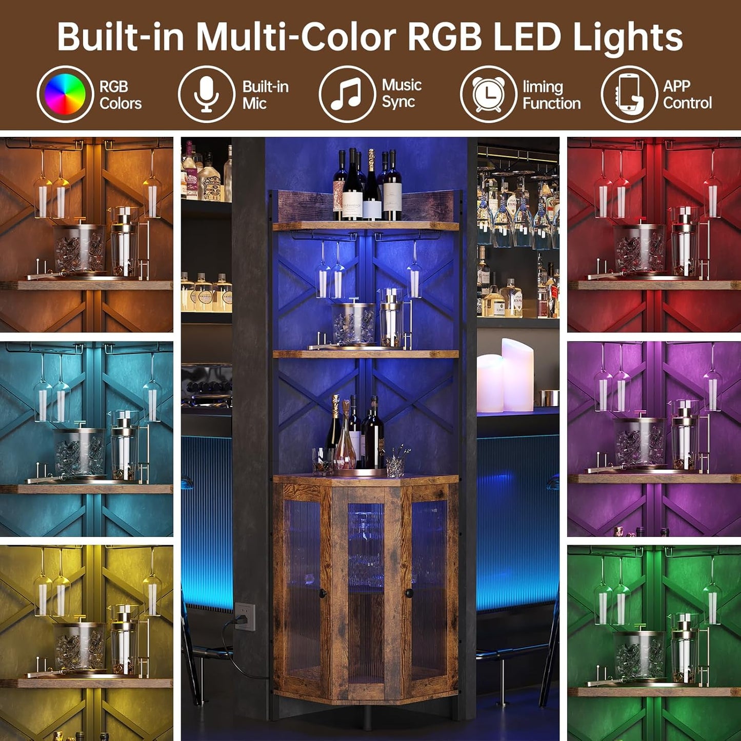 Corner Bar Cabinet with Power Outlet, 5-Tier Corner Wine Cabinet with Led Strip and Glass Holder, Industrial Tall Liquor Cabinet Bar Wine Rack for Home, Rustic Brown