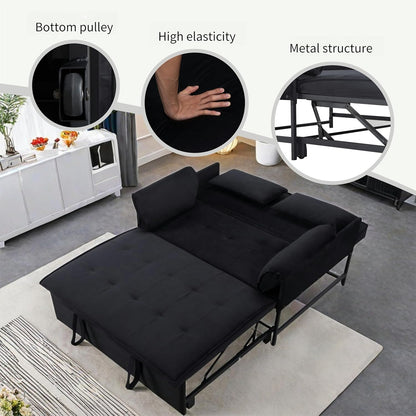 Pull Out Sofa Bed, 46” Futon Couch with Convertible Sleeper, Velvet Pull Out Couch with Adjustable Backrest, Small Sofa Bed with 2 Pillows for Living Room Office Guest Room, Black