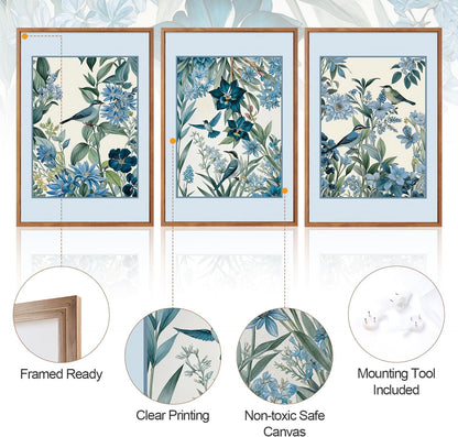 Aurlan Vintage Blue Birds and Botanical Framed Wall Art(24"x36"), 3PCS Classic Chinoiserie Audubon Bird Canvas Artwork, Large Abstract Watercolor Flowers Floral Home Decor for Bedroom Living Room