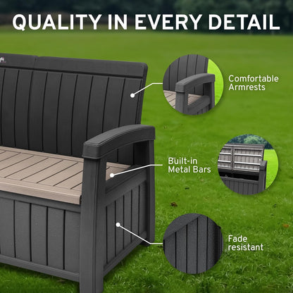EconoHome 3 Seat Outdoor Storage Bench with Rain Cover - 90 Gallon Capacity - Weatherproof Resin Bench for Patio, Porch, Garden, Yard, Pool Area - Furniture for Pool Accessories, Gardening Tools