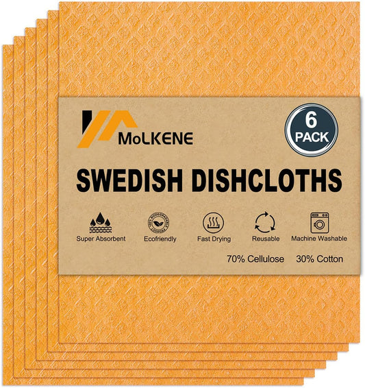 Swedish Dishcloths for Kitchen | 6 Pack Absorbent Cellulose Sponge Cloths Washable | Non-Scratch