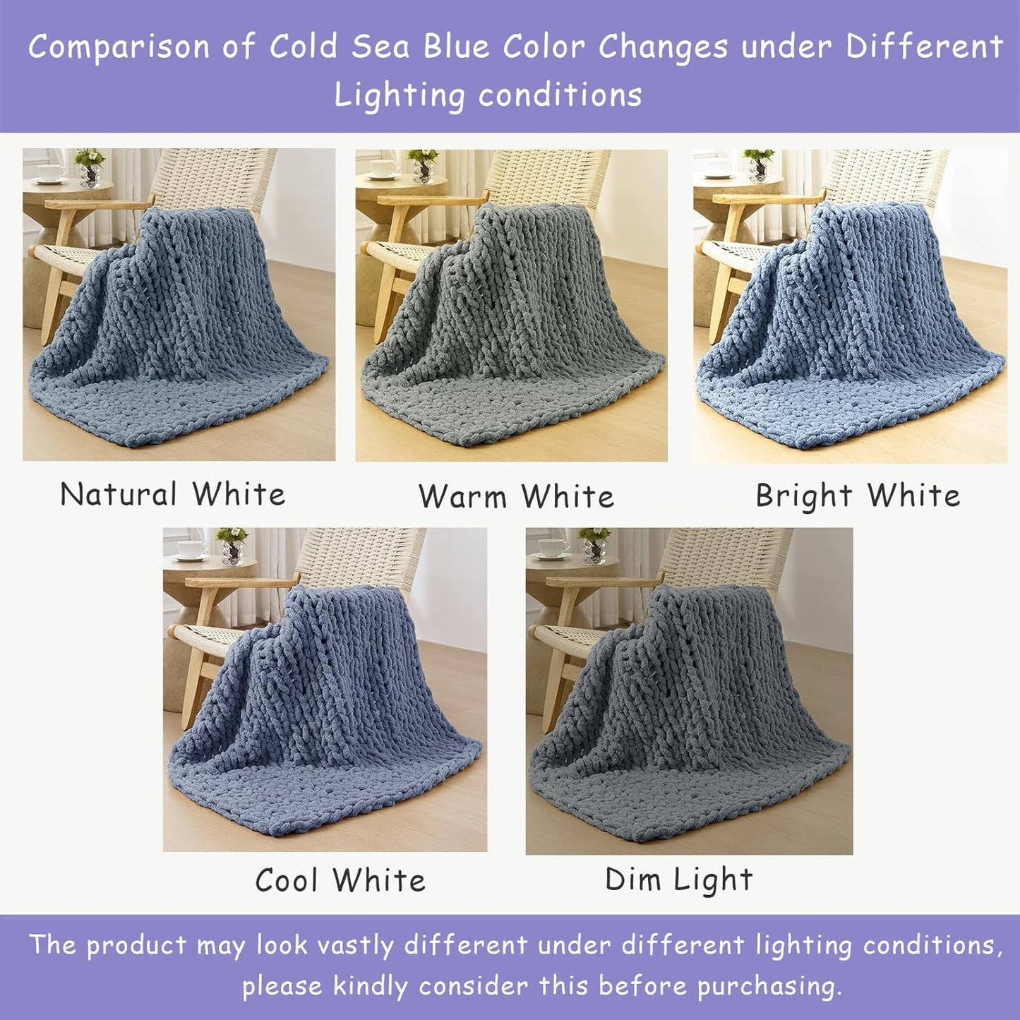 Bigacogo Chunky Knit Throw Blanket for Couch, 40x60 inches, 100% Hand Knitted with Thick Jumbo Chenille Yarn, Cozy Soft Large Rope Knot Cable Crochet Blankets for Sofa Bed Living Room, Cold Sea Blue