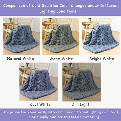 Bigacogo Chunky Knit Throw Blanket for Couch, 40x60 inches, 100% Hand Knitted with Thick Jumbo Chenille Yarn, Cozy Soft Large Rope Knot Cable Crochet Blankets for Sofa Bed Living Room, Cold Sea Blue