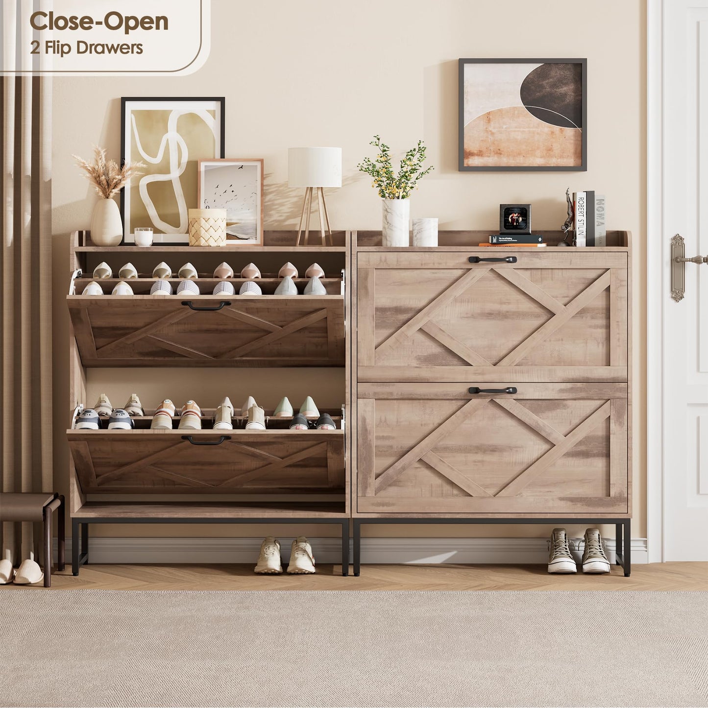 Nicetree Shoe Cabinet with 2 Flip Drawers，Freestanding Shoe Storage Cabinet, Narrow Shoe Organizer