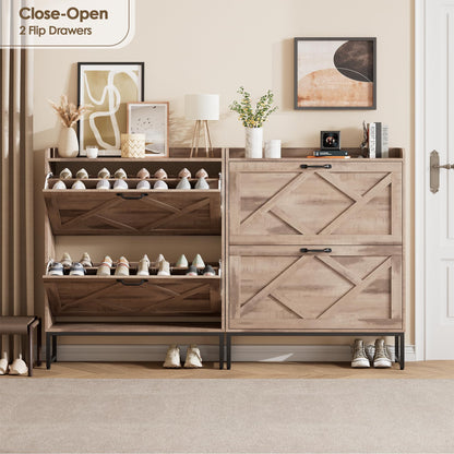 Nicetree Shoe Cabinet with 2 Flip Drawers，Freestanding Shoe Storage Cabinet, Narrow Shoe Organizer