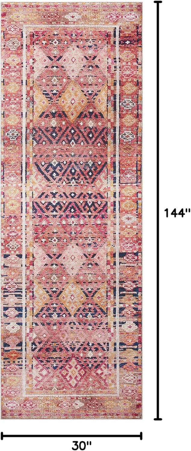 Loloi Layla Collection LAY-15 Magenta/Multi 2'-6" x 12'-0" .13" Thick Runner Rug, Soft, Durable, Vintage Inspired, Distressed, Low Pile, Non-Shedding, Easy Clean, Printed, Living Room Rug